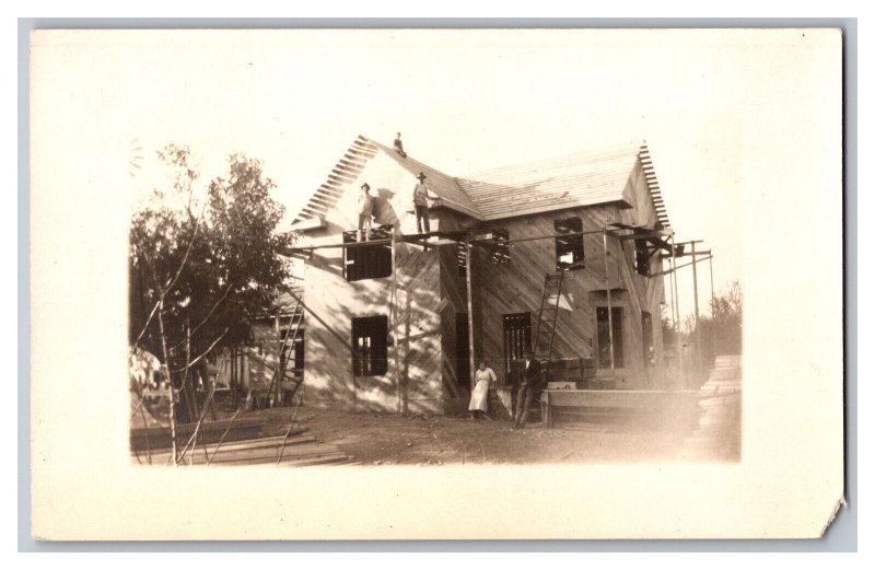 Postcard Men Roofing Old Farmhouse RPPC Real Photo Postcard 