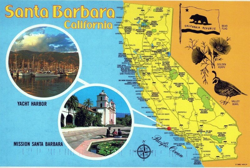 VINTAGE POSTCARD CONTINENTAL SIZE MAP OF SANTA BARBARA & DUAL IMAGES CALIFORNIA