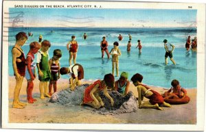 Children Digging in Sand on Beach Atlantic City NJ c1937 Vintage Postcard N29