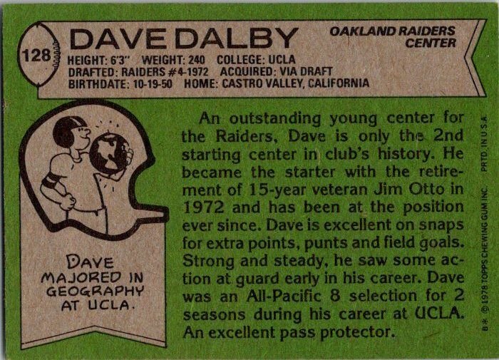 1978 Topps Football Card Dave Dalby Oakland Raiders sk7399