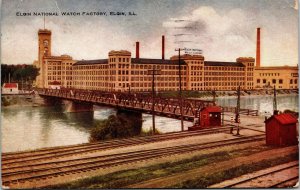 Postcard IL Elgin National Watch Factory Railroad Bridge over Fox River 1914 M22