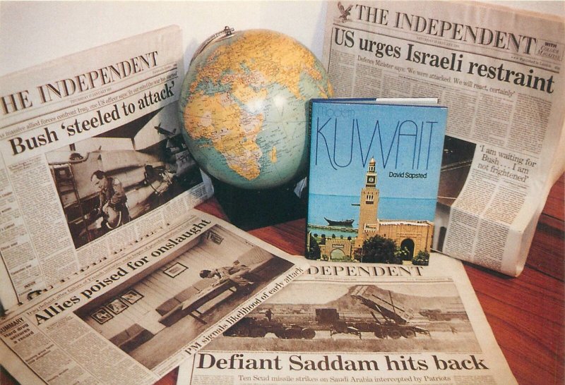 Postcard Military the gulf war 1991 kuwait newspaper head lines Earth globe