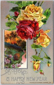 A Happy New Year, 1910 Scenes & Flowers Series, Roses, Holiday, Vintage Postcard