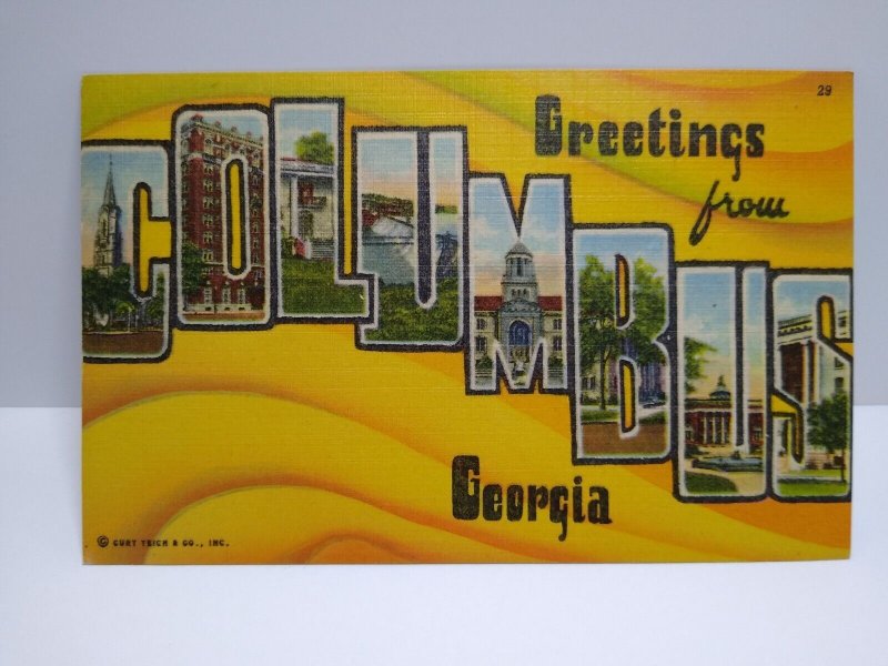 Greetings From Columbus Georgia Large Big Block Letter Postcard Linen Unused