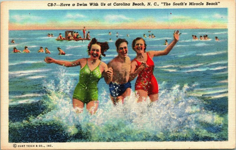 Vtg Linen Postcard Carolina Beach North Carolina NC Have a Swim With Us Unused