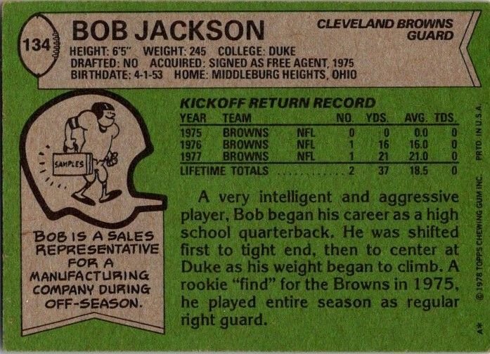 1978 Topps Football Card Bob Jackson Cleveland Browns sk7112