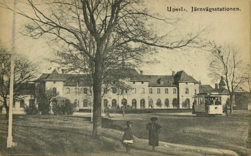 sweden, UPSALA, Järnvägsstationen, Railway Station, Tram (1910s) Postcard