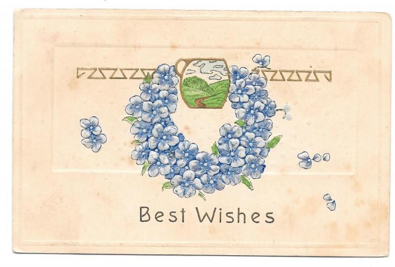 Best Wishes Forget Me Not Wreath Embossed Vntg 1908 Postcard