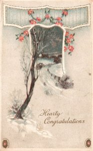 Vintage Postcard 1917 Hearty Congratulations Unique Framed Tree Greetings