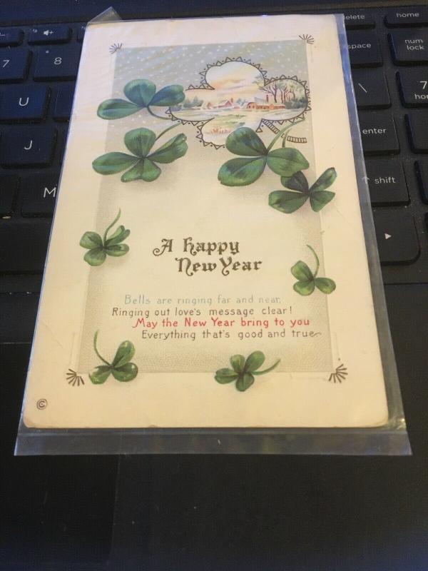 Vintage Postcard; Irish Happy New year, clovers