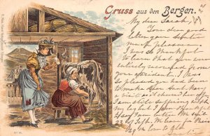 Bergen Switzerland Gruss aus Milk Maids Cow Farm Scene Vintage Postcard AA68607