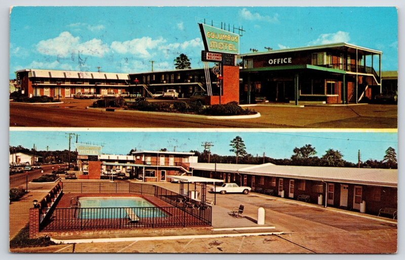 Columbus Motel Mississippi MS Swimming Pool Office Rooms Wide Ground Postcard