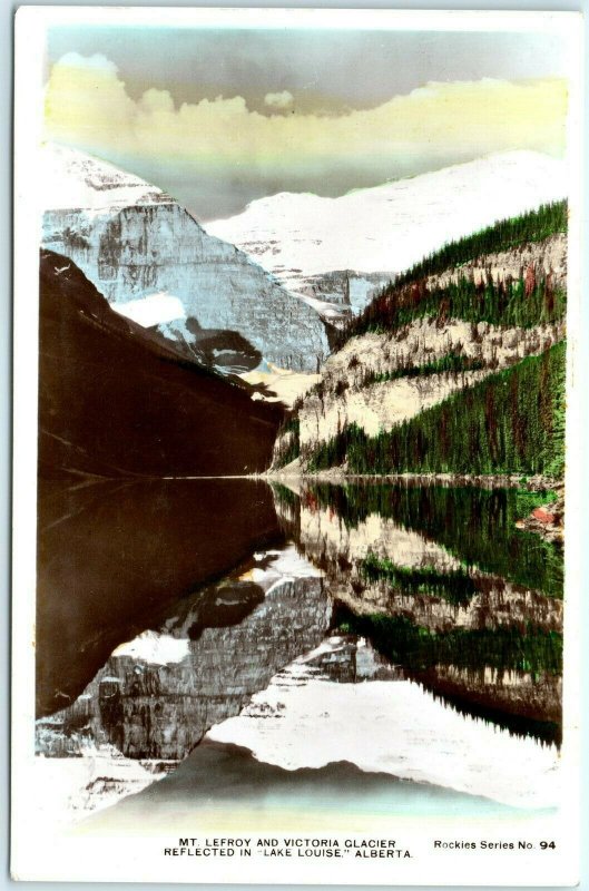 c1930s Alberta Hand Colored RPPC Mt Lefroy & Victoria Glacier Postcard Louise A2