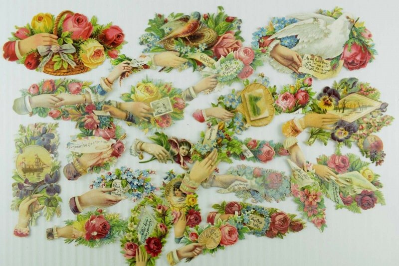 1880's Fab Lovely Die Cut Victorian Lot of 26 Hands Ship Birds Letters PD264