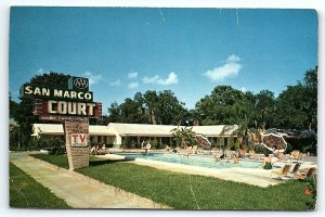 1960s ST AUGUSTINE FL SAN MARCO COURT MOTEL SWIMMING POOL POSTCARD P2388