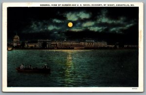 Postcard Annapolis MD c1930s General View of Harbor & US Naval Academy by Night