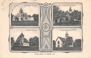 BRITT IA Methodist Catholic Evangelical & Congregational Churches Postcard 1908