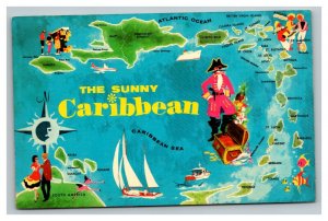 Vintage 1950's Postcard Topical Map The Sunny Caribbean - Pirates Sailing