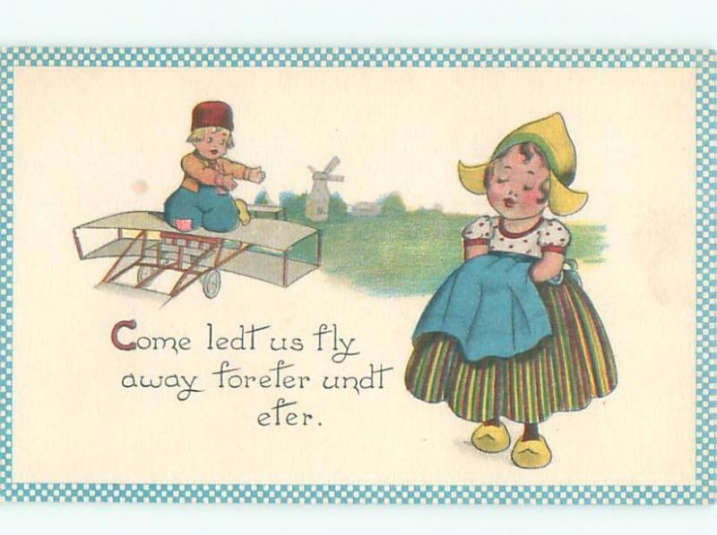 Pre-Linen GIRL WATCHES BOY IN ANTIQUE AIRPLANE AC1077