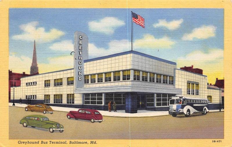 Baltimore Maryland 1940s Linen Postcard Greyhound Bus Terminal 