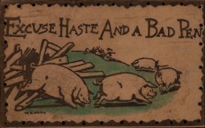 Pigs Escape Pen Real Leather Novelty c1910 Vintage Postcard