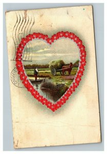 Vintage 1910 Valentines Postcard Flowered Hearts Horse & Wagon Farm Scene