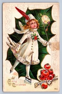 J89/ Merry Christmas Holiday Postcard c1910 Pretty Kid Ice Skates 487