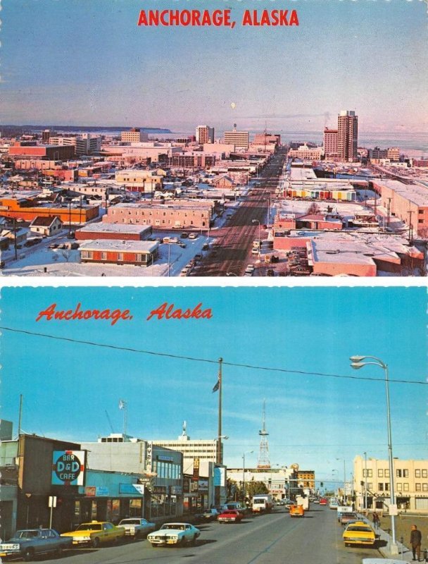 2~4X6 Postcard  Anchorage, AK Alaska BIRD'S EYE VIEW & STREET SCENE~D&D Bar~Cafe