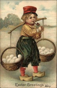 Easter Little Dutch Boy Smoking Pipe c1910 Vintage Postcard