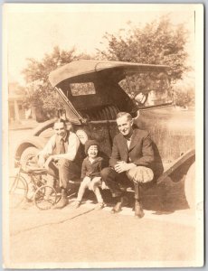 Two Men & Boy Photo Model T Car Tricycle Dress Jacket & Tie Photograph Old