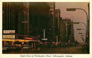 Postcard 1950s Indiana Indianapolis Night Washington Srreet Marquee IN24-4859