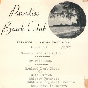 1957 Barbados, British West Indies Paradise Beach Club Lunch Menu Food Hotel 3U