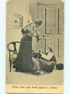 Pre-Linen Comic WOMAN BEATING HER HUSBAND AB8718