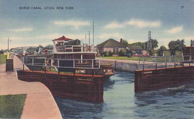 Boat in Lock on Erie Canal - Utica NY, New York - Linen