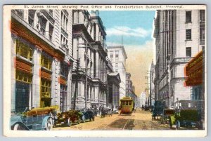 St. James Street Post Office Transportation Building Montreal Postcard, Old Cars