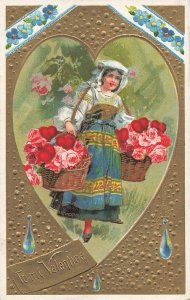 c1910 Woman Carrying Roses Baskets Valentines Day Germany P448 