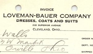 1939 LOVEMAN-BAUER CO. CLEVELAND OH DRESSES COATS SUITS BILLHEAD INVOICE Z1037