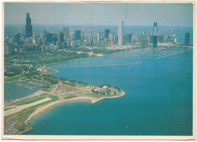 Chicago, Illinois, aerial view from Lake Michigan, 1981 used Postcard
