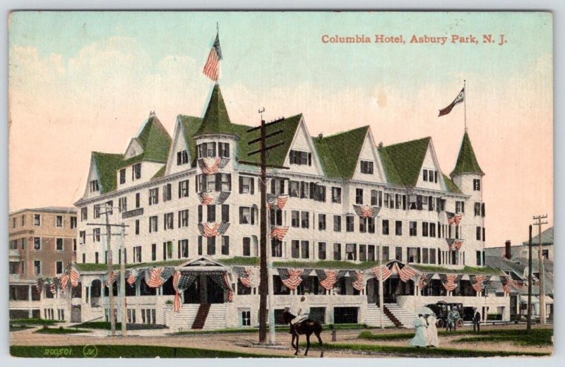 1911 COLUMBIA HOTEL PATRIOTIC AMERICAN FLAGS ASBURY PARK NJ POSTCARD