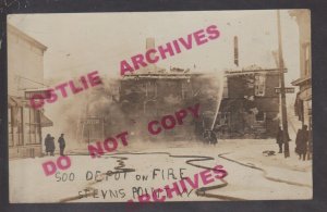 Stevens Point WISCONSIN RPPC 1917 DEPOT FIRE Flames TRAIN STATION Firemen KB #1