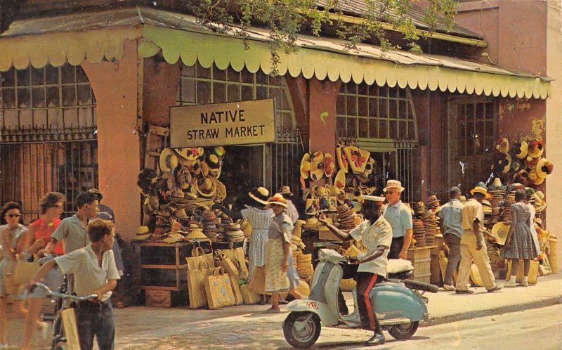 Native Straw Market Bay Street Motor Scooter Nassau Bahamas 1965 postcard