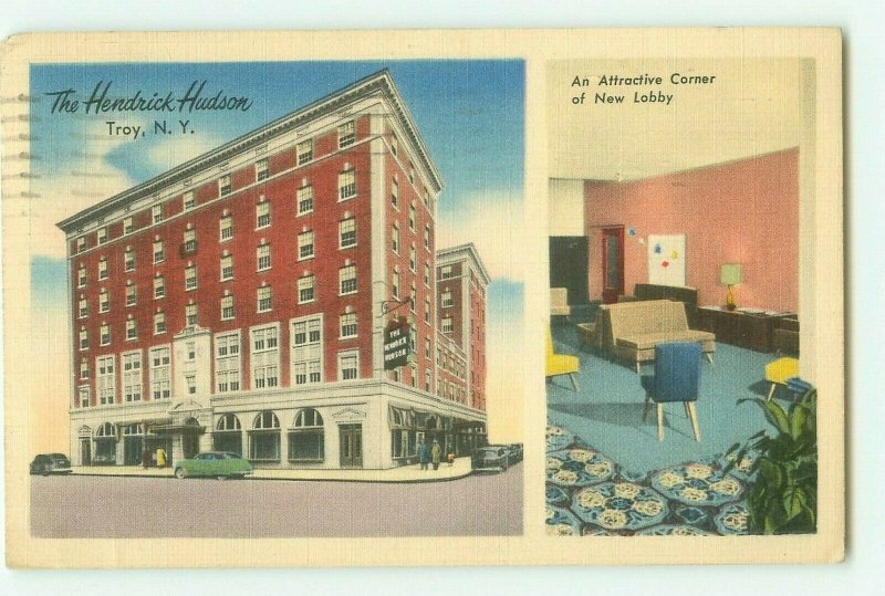 Hendrick Hudson Hotel with New Lobby Inset Troy, New York 1950 Postcard