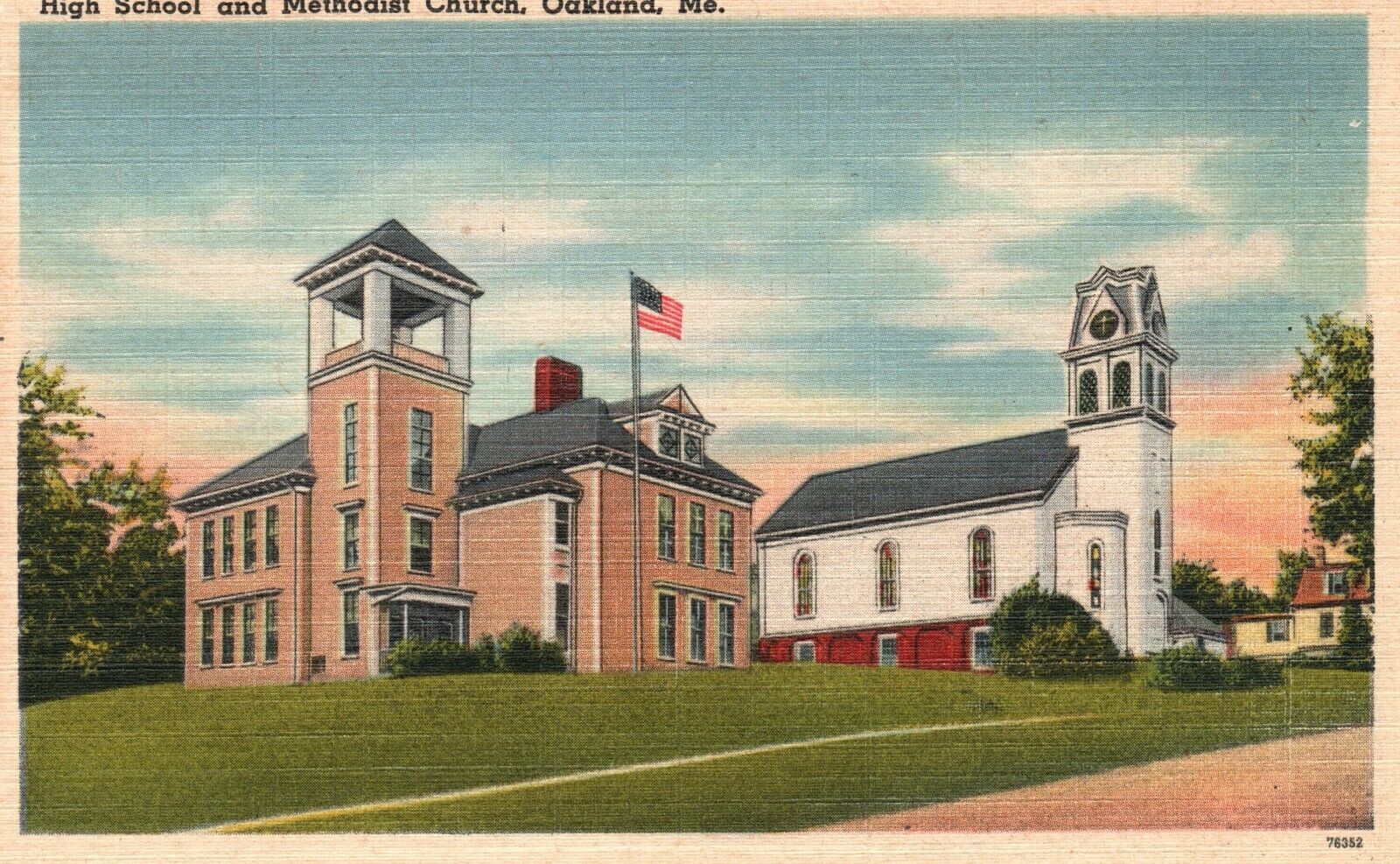 Vintage Postcard 1930's High School & Methodist Church Oakland Maine ME