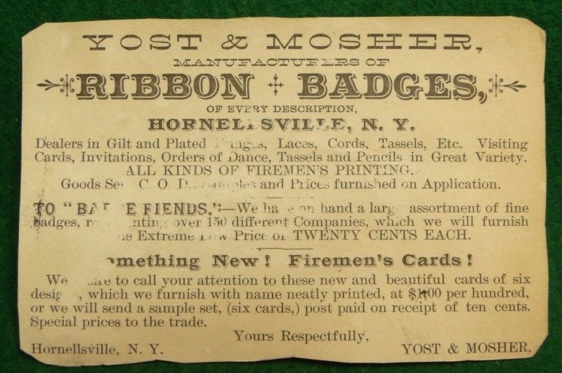 Yost & Mosher Fireman Badges & Ribbon Maker Cool Fresh Lager, Man Beer Trade Y6