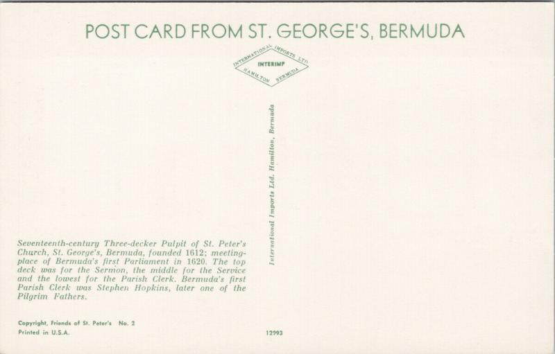 St. Peter's Church St. George's Bermuda Unused Vintage Postcard F10