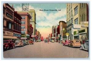 c1940's Walgreens, Shoes, Bank, Main Street, Evansville Indiana IN Postcard