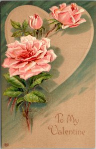 Vtg 1910 To My Valentine Pink Roses Heart Embossed Antique Unused Postcard