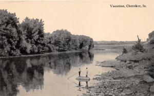 Cherokee Iowa~Vacation~Men Fishing Along River~c1910 Postcard