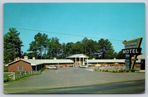 Roadside~Chatsworth Georgia~Colonial Pines Motel~Entrance Sign~Fence~1950s PC