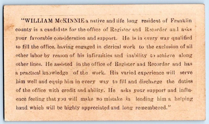 1890-1900's WILLIAM McKENNIE FRANKLIN COUNTY (PA?) POLITICAL ADVERTISING CARD